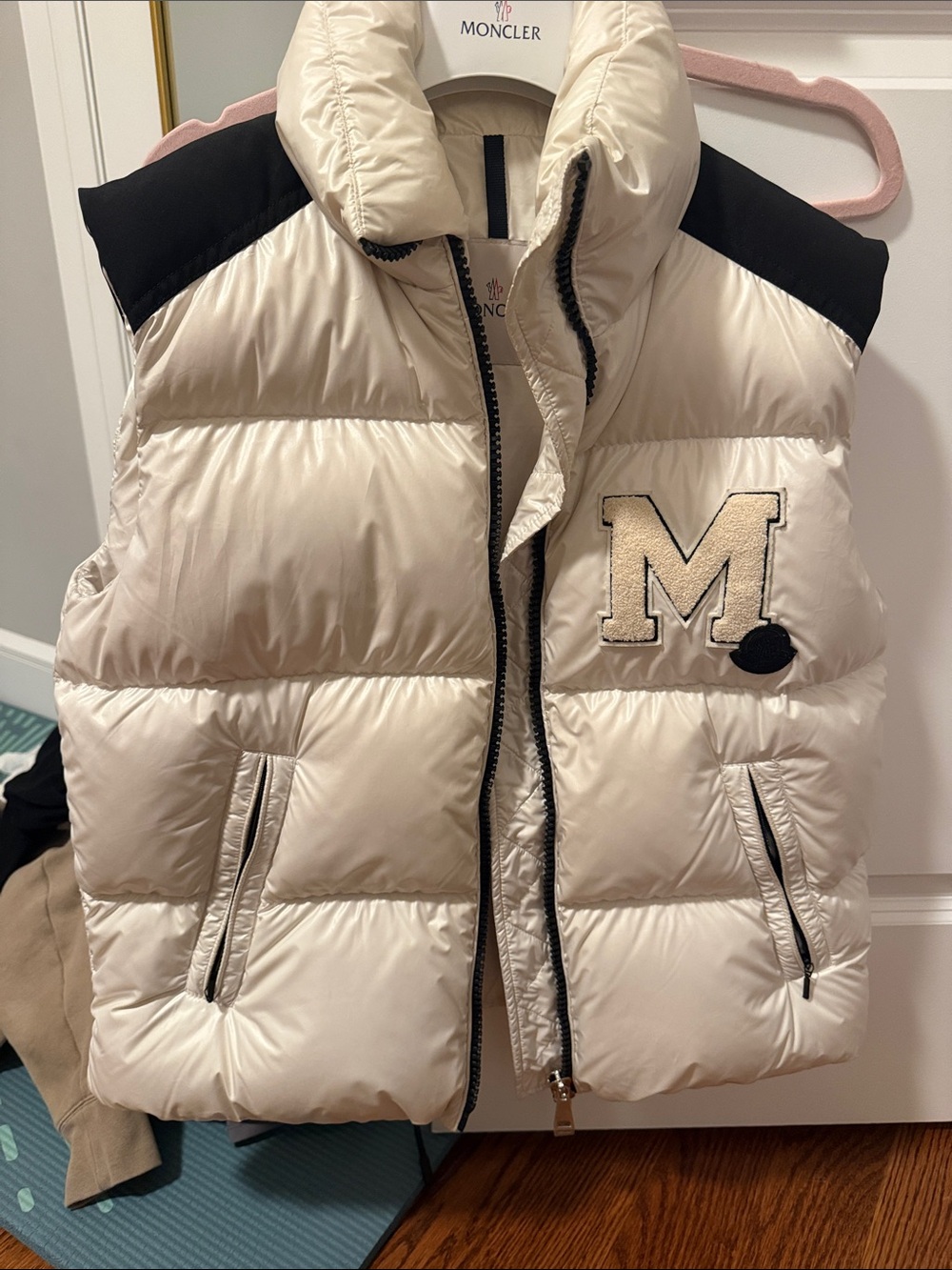 Moncler Patch Cream Puffer Vest with Black Shoulder Panels